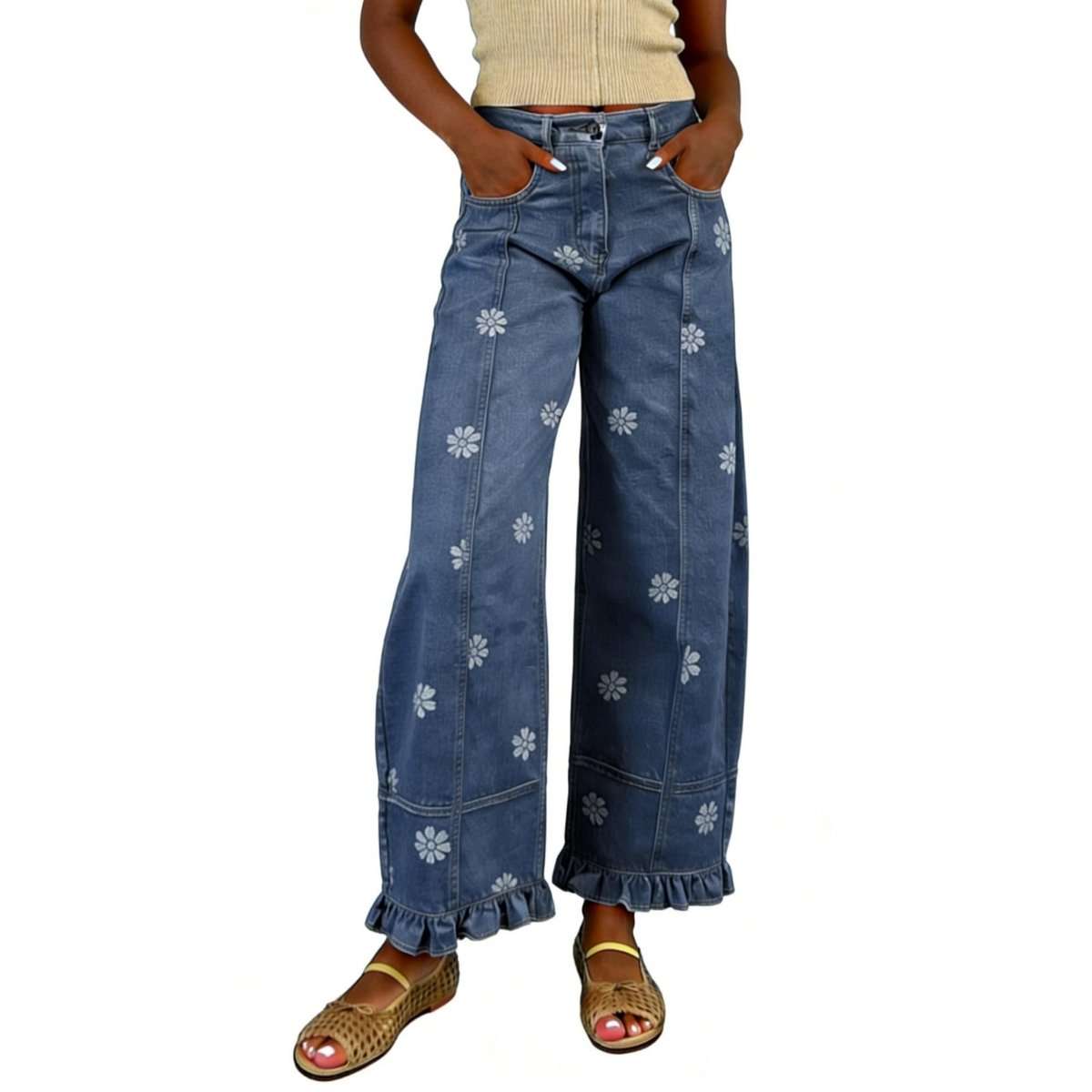 Barrel Jeans Women 2026 Floral Print Wide Leg Jeans