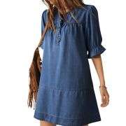 Women’s Button Down Babydoll Denim Ruffle Mini Dress