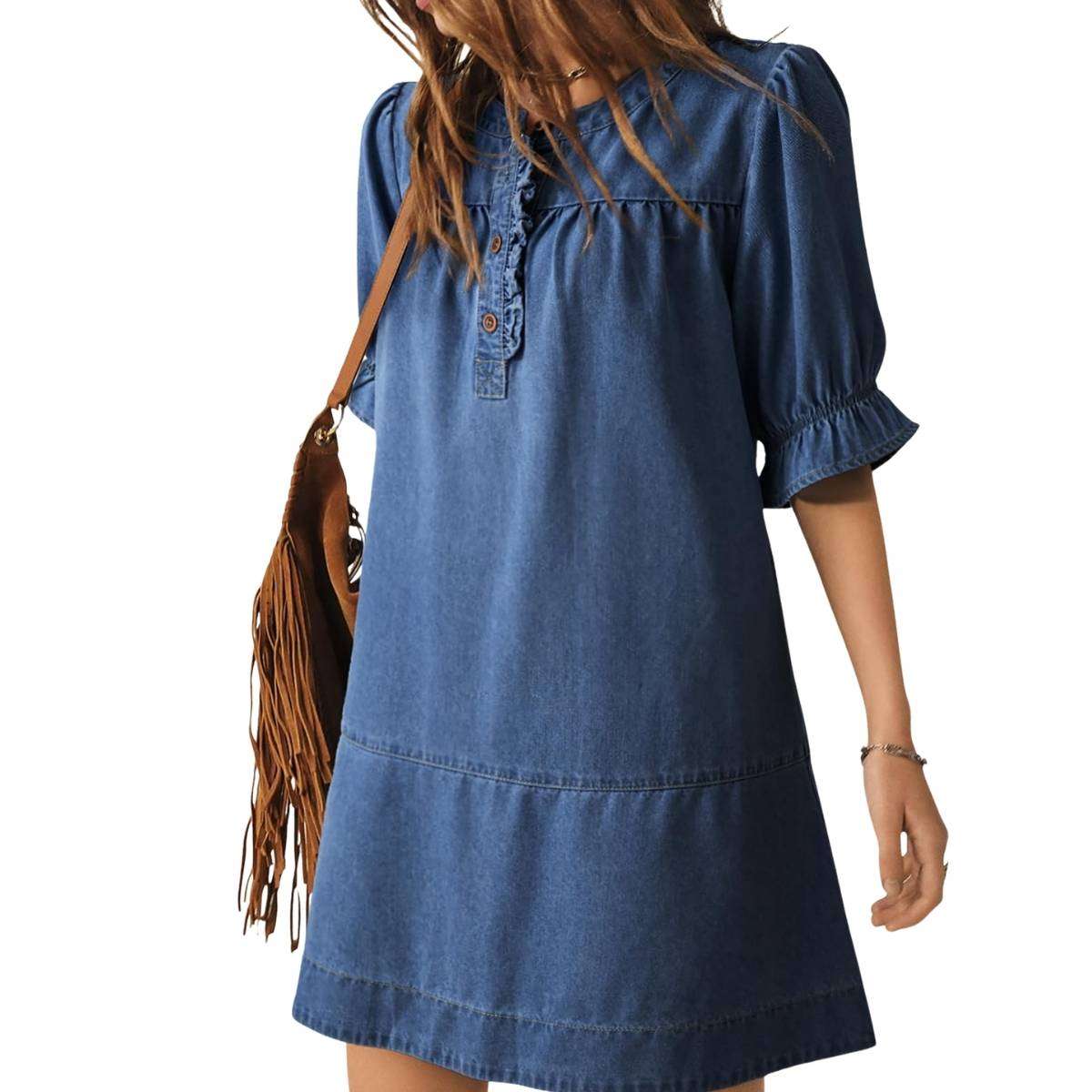 Women’s Button Down Babydoll Denim Ruffle Mini Dress
