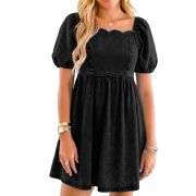 Women’s Western Puff Sleeve Sweetheart Neckline Denim Babydoll Mini Dress