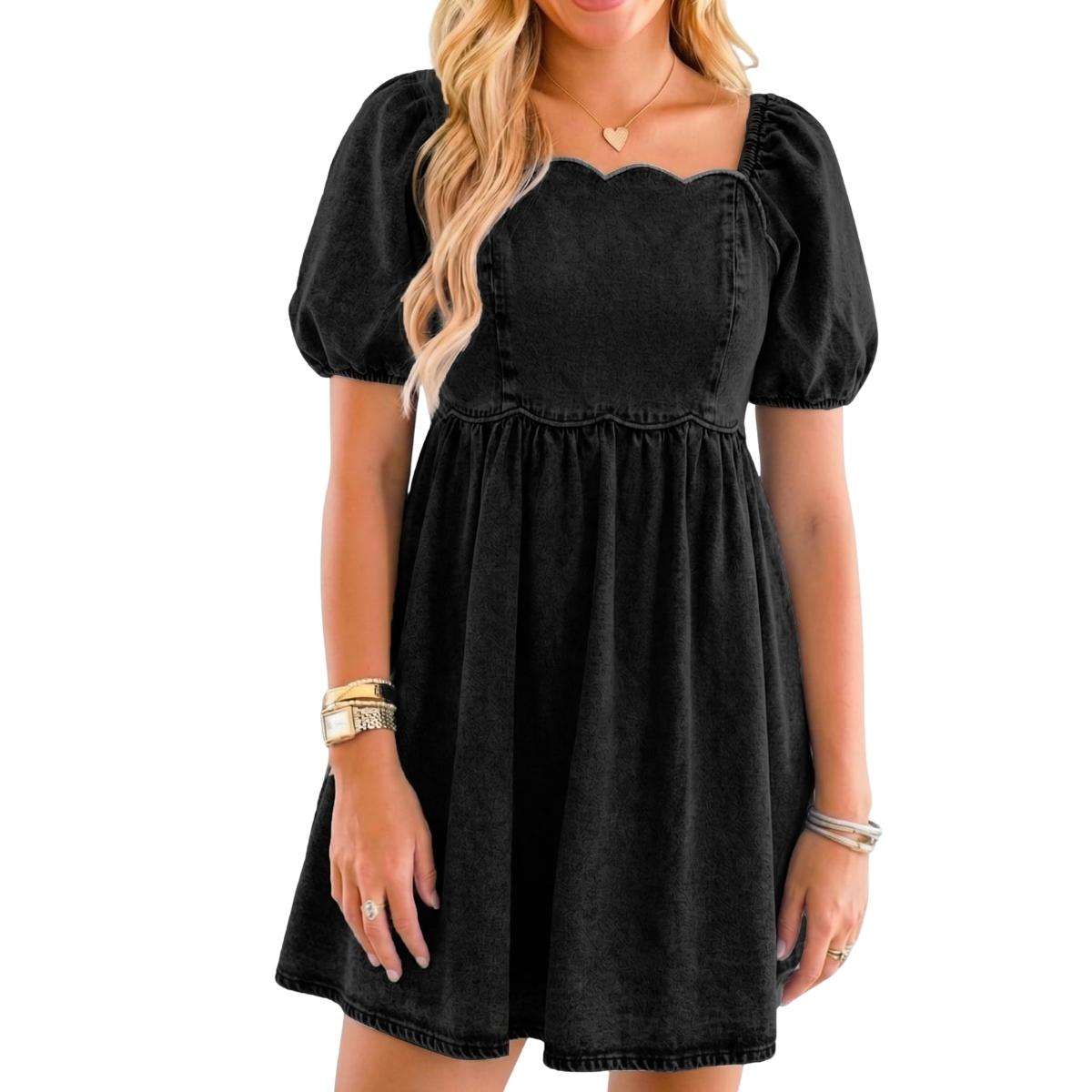 Women’s Western Puff Sleeve Sweetheart Neckline Denim Babydoll Mini Dress