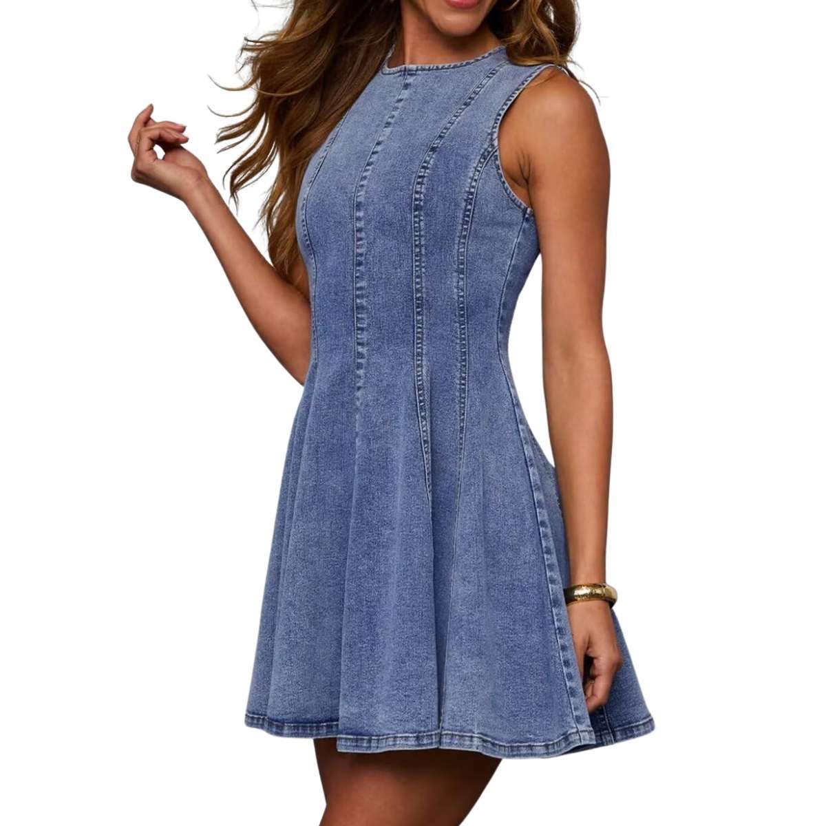 Women’s Sleeveless Slim Fit A-Line Tank Denim Babydoll Mini Dress