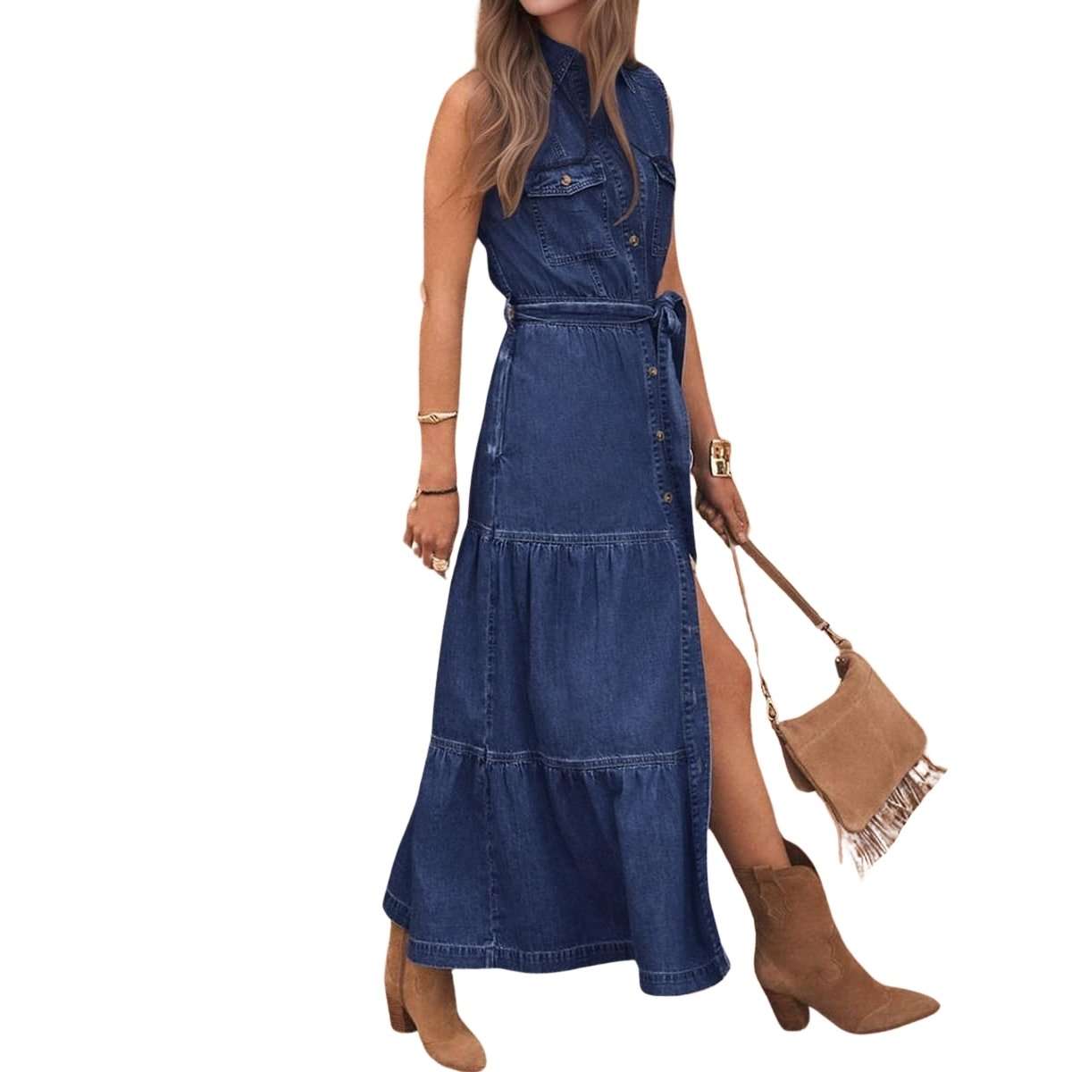 Sleeveless Button Down Belted Midi Jean Dress