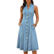 Women’s Sleeveless V Neck Button Front A-Line Pockets Denim Midi Dress