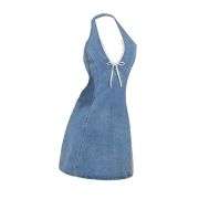 Bow Halter Backless Sleeveless  Lace Trim Denim Mini Dress