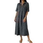 Women’s Distressed Short Sleeve Button Up Pleated Loose Fit Midi Denim Polo Shirt Dress