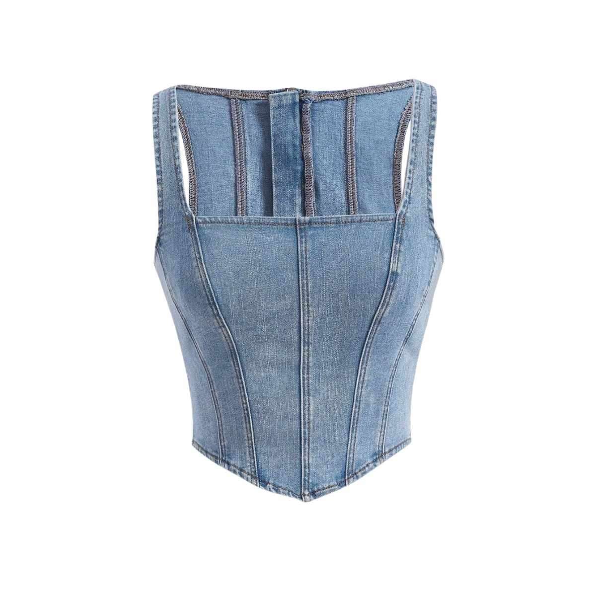 Women’s AsymmetricalSquare Neck Zip Back Denim Corset Crop Top