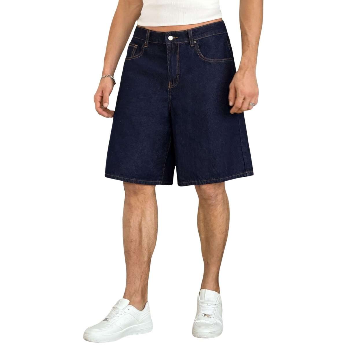 Mid Waist Slant Pockets Baggy Denim Jean Shorts