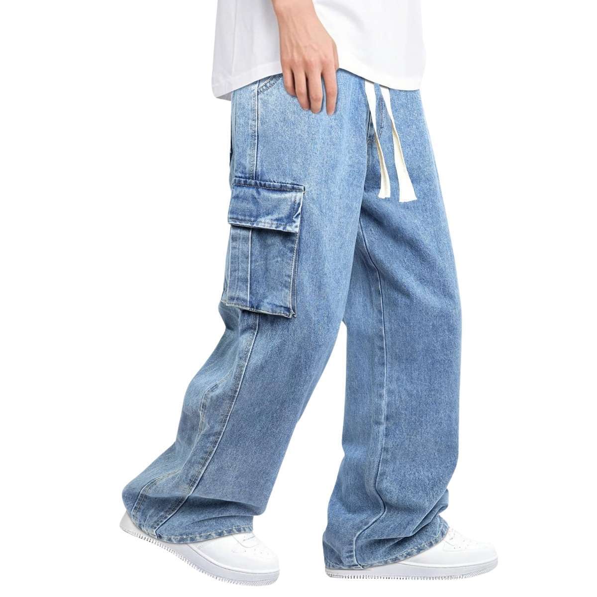 Men’s Drawstring Waist Wide-Leg Baggy Jeans