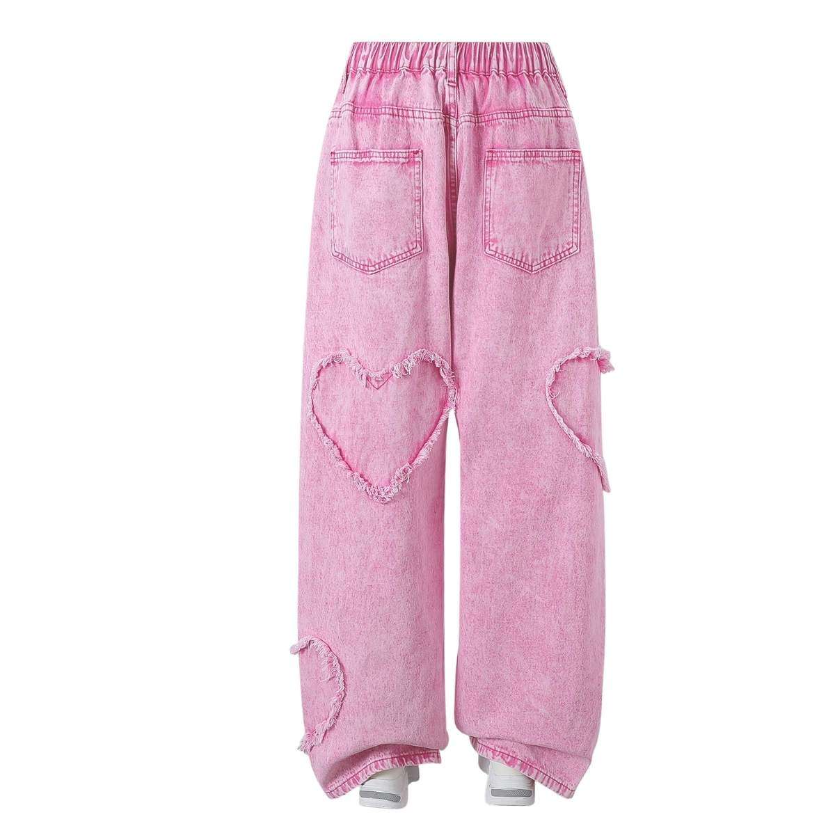 Women’s High Waisted Distressed Heart Pattern Wide Leg Jeans