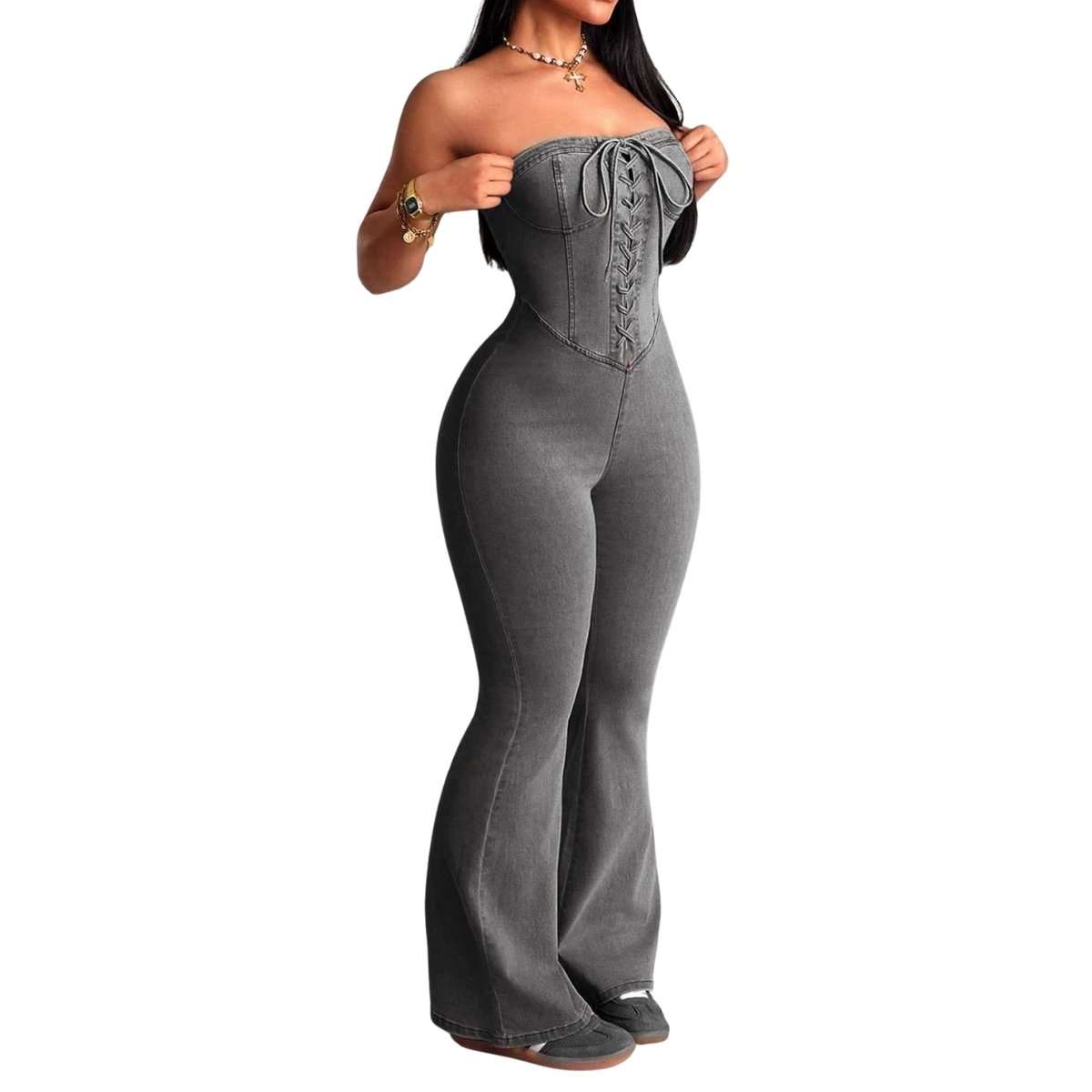 Women’s Criss-Cross Bustier Slim Fit Flare Denim Jumpsuit