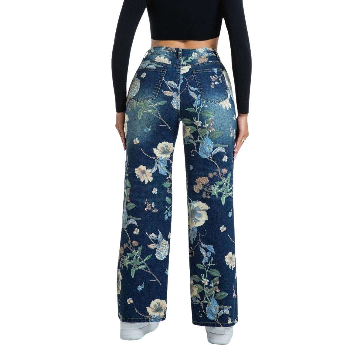 Rhinestone Blossom Print Denim Jeans