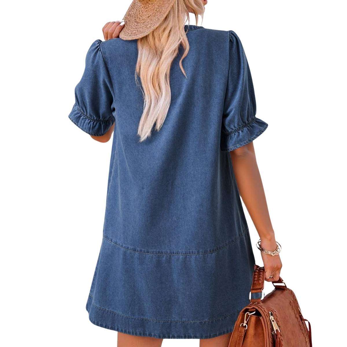 Women’s Button Down Babydoll Denim Ruffle Mini Dress