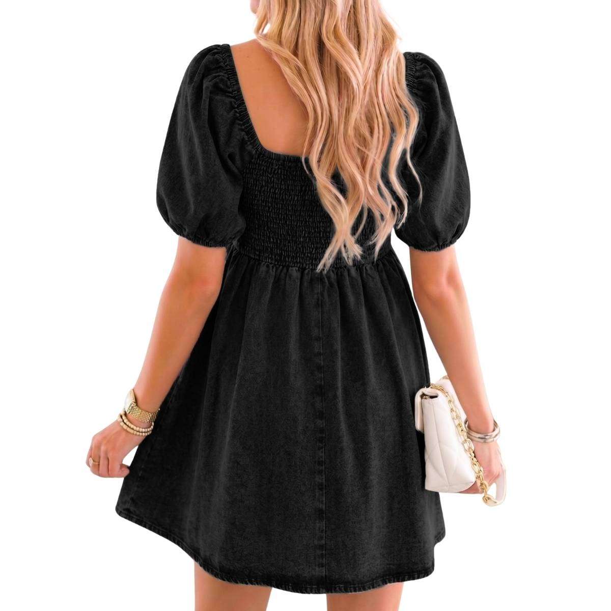 Women’s Western Puff Sleeve Sweetheart Neckline Denim Babydoll Mini Dress