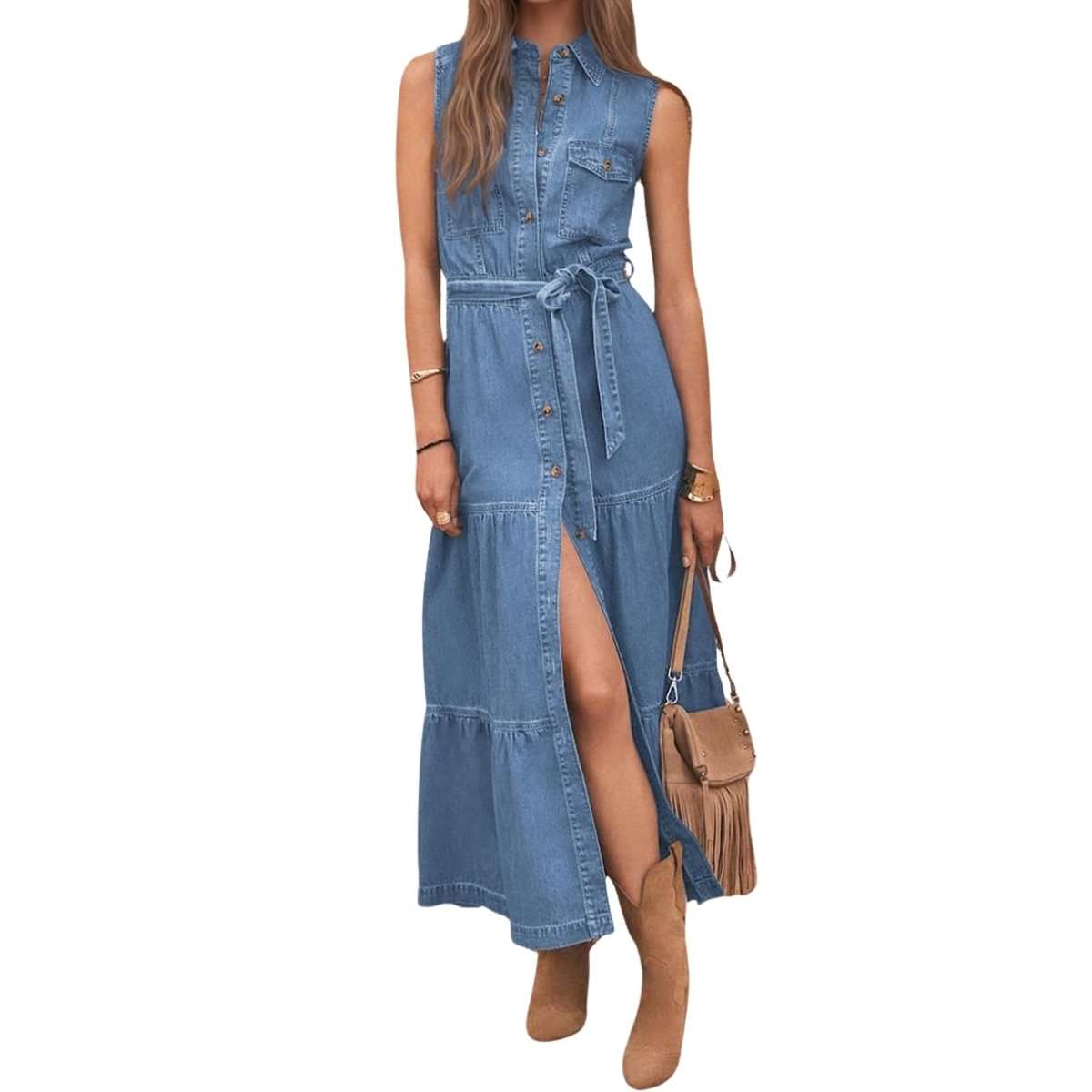 Sleeveless Button Down Belted Midi Jean Dress