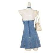 Bow Halter Backless Sleeveless  Lace Trim Denim Mini Dress