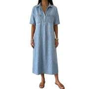 Women’s Distressed Short Sleeve Button Up Pleated Loose Fit Midi Denim Polo Shirt Dress