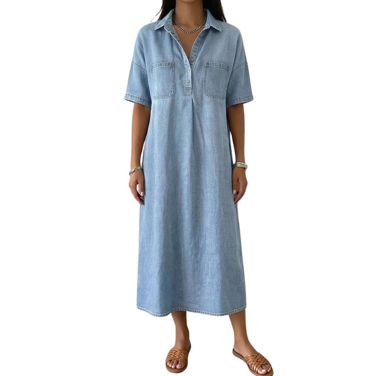Women’s Distressed Short Sleeve Button Up Pleated Loose Fit Midi Denim Polo Shirt Dress