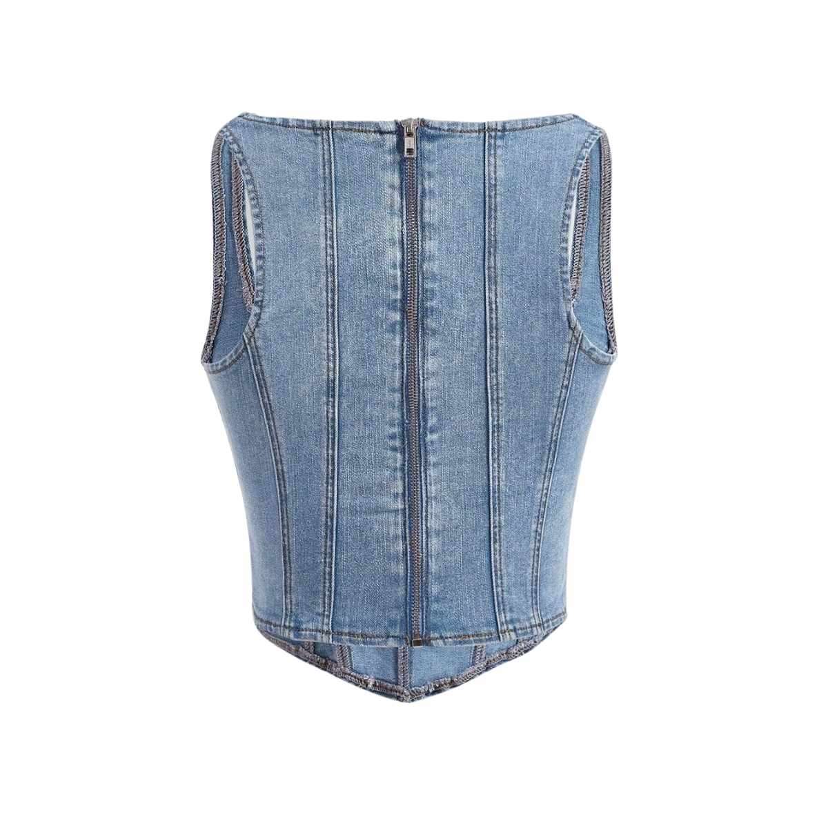 Women’s AsymmetricalSquare Neck Zip Back Denim Corset Crop Top