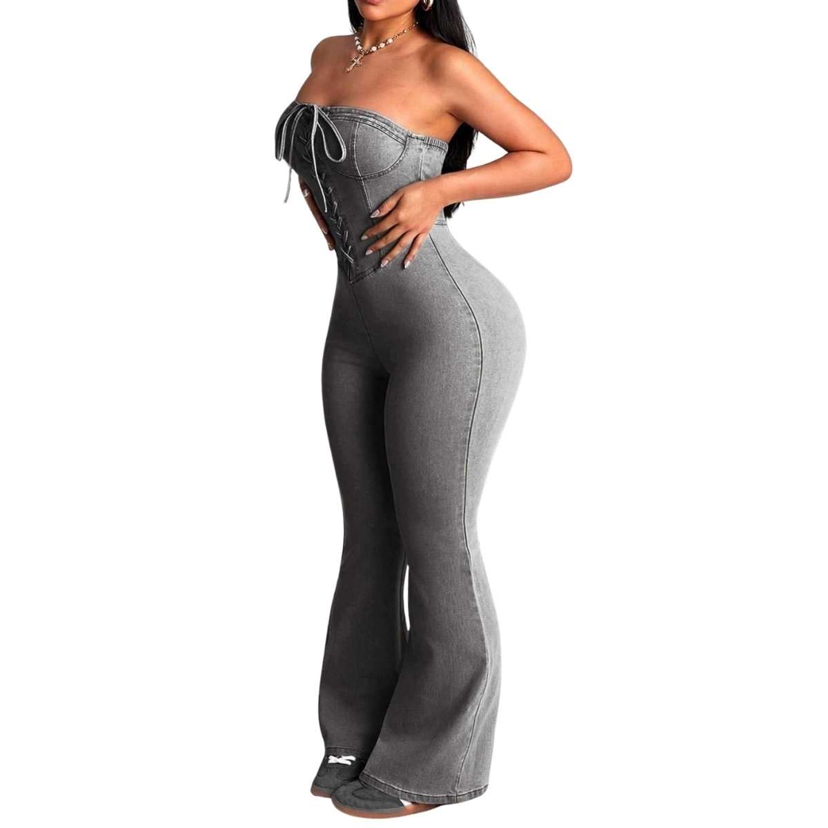 Women’s Criss-Cross Bustier Slim Fit Flare Denim Jumpsuit