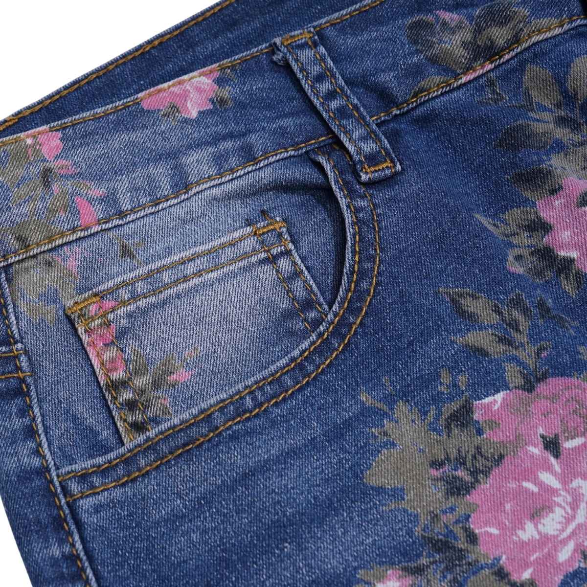 Rhinestone Blossom Print Denim Jeans