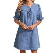 Women’s Button Down Babydoll Denim Ruffle Mini Dress