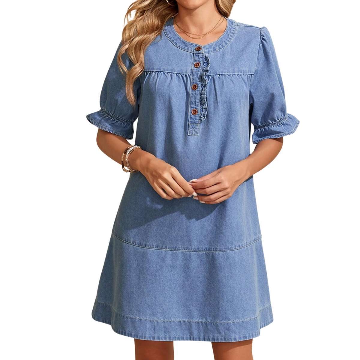 Women’s Button Down Babydoll Denim Ruffle Mini Dress