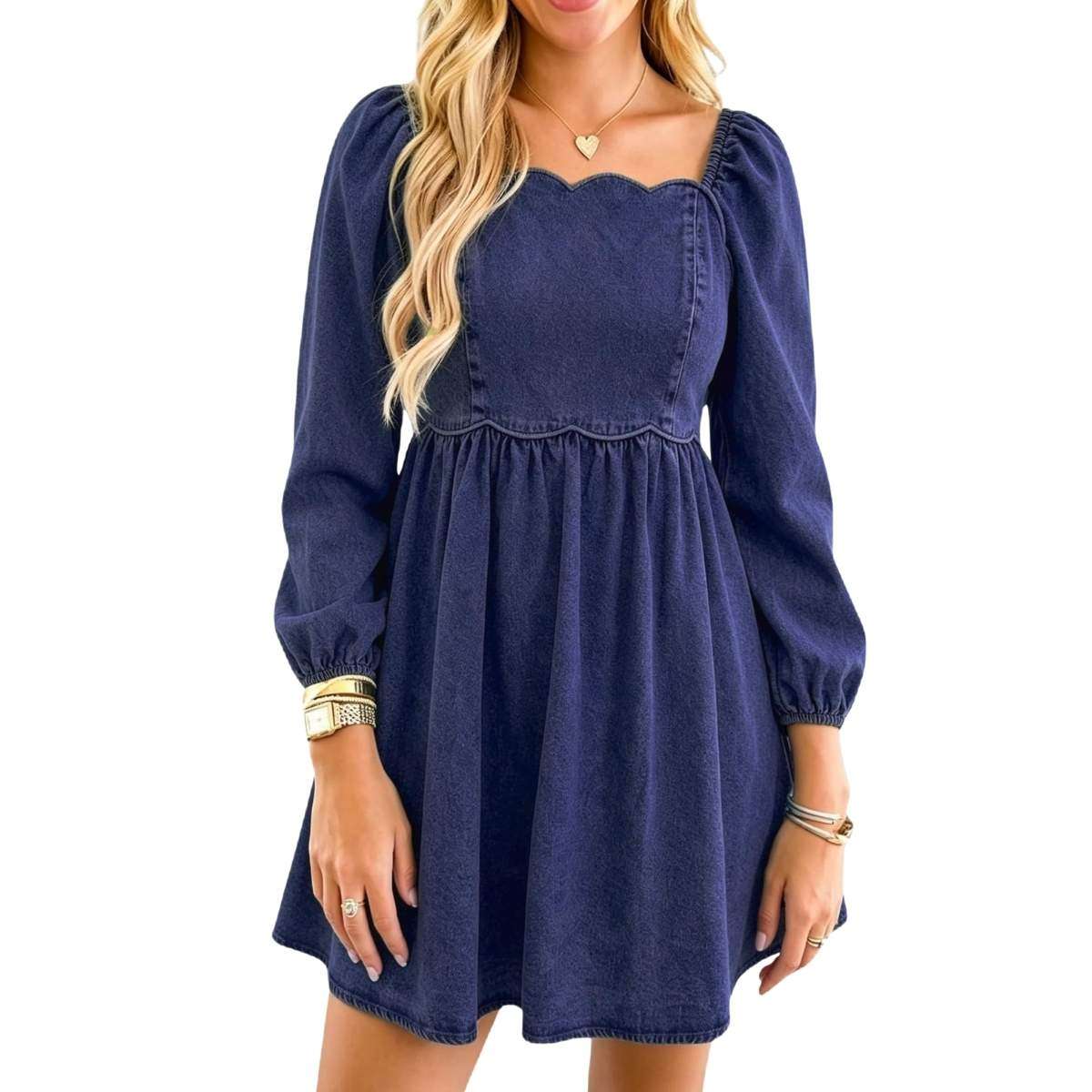 Women’s Western Puff Sleeve Sweetheart Neckline Denim Babydoll Mini Dress
