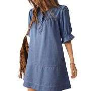 Women’s Button Down Babydoll Denim Ruffle Mini Dress