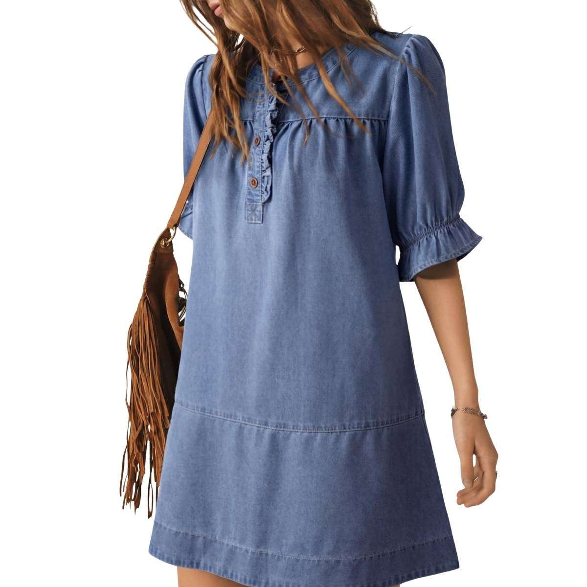 Women’s Button Down Babydoll Denim Ruffle Mini Dress