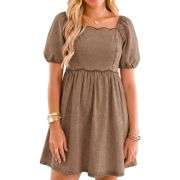 Women’s Western Puff Sleeve Sweetheart Neckline Denim Babydoll Mini Dress