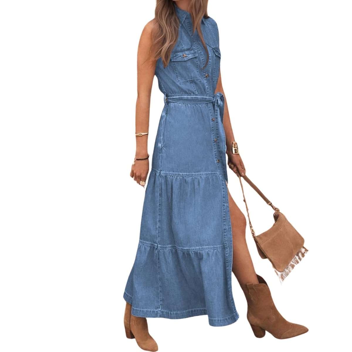 Sleeveless Button Down Belted Midi Jean Dress