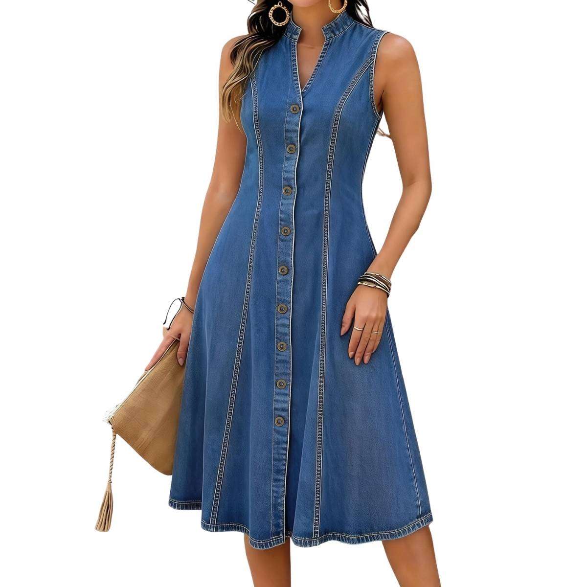 Women’s Sleeveless V Neck Button Front A-Line Pockets Denim Midi Dress