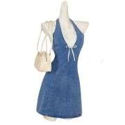 Bow Halter Backless Sleeveless  Lace Trim Denim Mini Dress