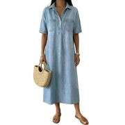 Women’s Distressed Short Sleeve Button Up Pleated Loose Fit Midi Denim Polo Shirt Dress