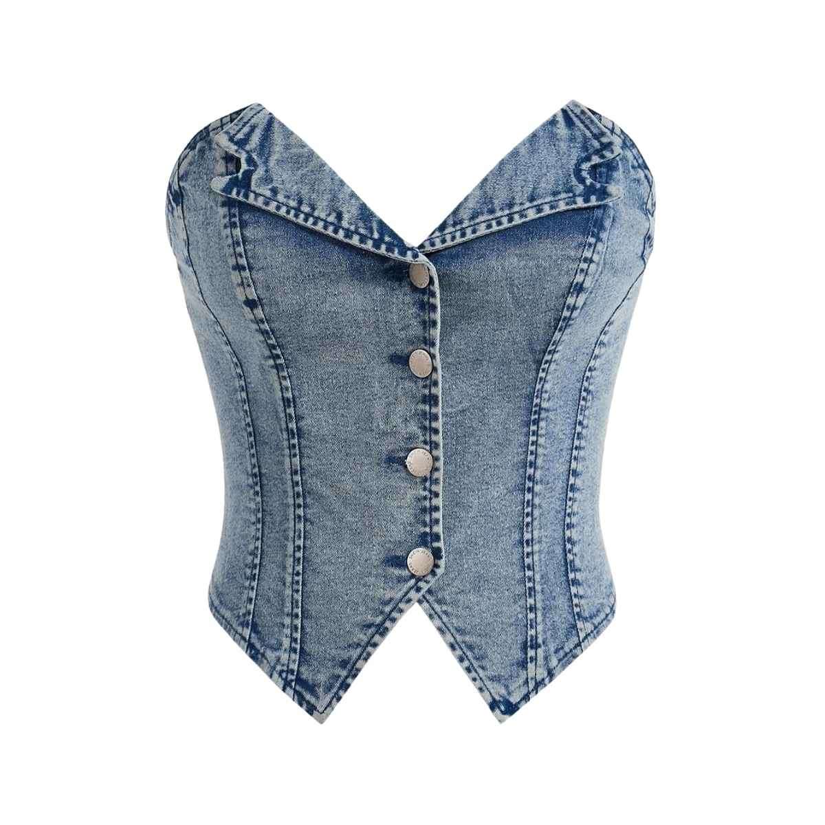 Women’s Y2K Button Down Corset Backless Sweetheart Neck Denim Tube Top