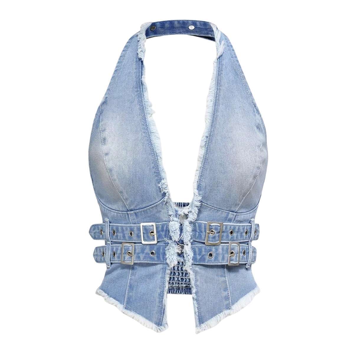Women’s Y2K Backless Fringe Corset Denim Halter Top