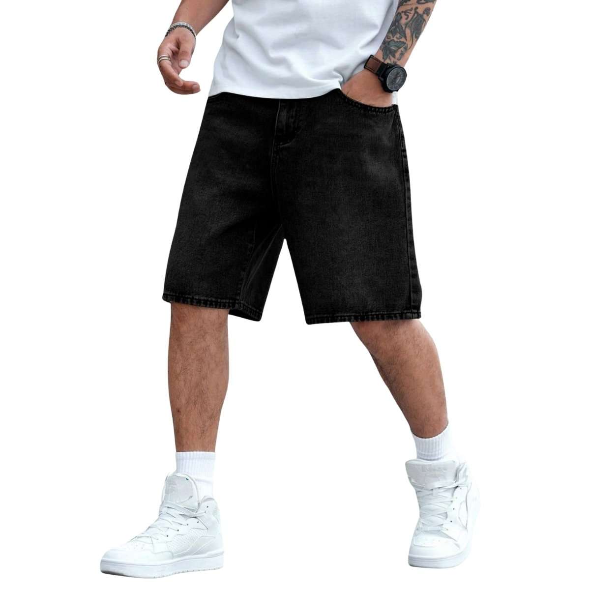 Mid Waist Slant Pockets Baggy Denim Jean Shorts