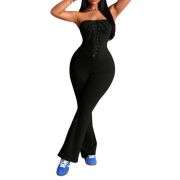 Women’s Criss-Cross Bustier Slim Fit Flare Denim Jumpsuit