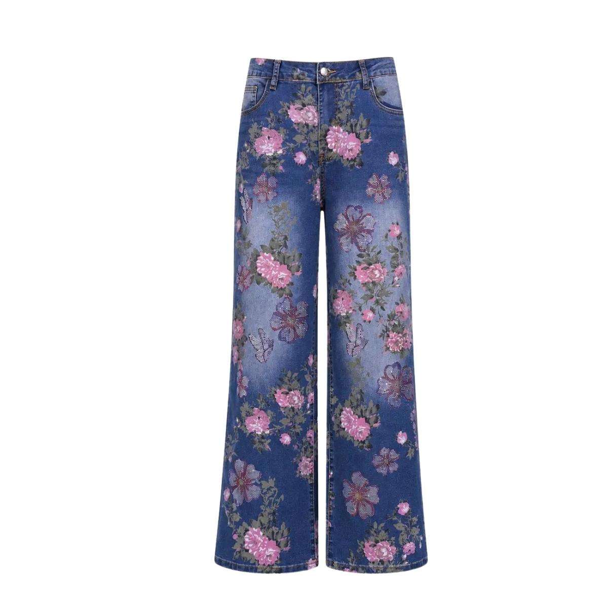 Rhinestone Blossom Print Denim Jeans