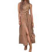 Sleeveless Button Down Belted Midi Jean Dress