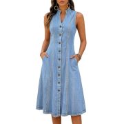 Women’s Sleeveless V Neck Button Front A-Line Pockets Denim Midi Dress