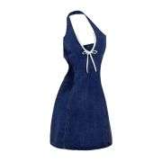 Bow Halter Backless Sleeveless  Lace Trim Denim Mini Dress