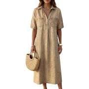 Women’s Distressed Short Sleeve Button Up Pleated Loose Fit Midi Denim Polo Shirt Dress