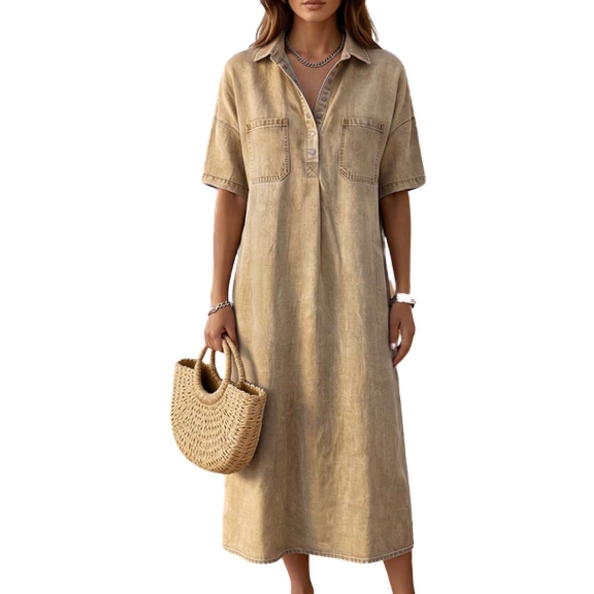 Women’s Distressed Short Sleeve Button Up Pleated Loose Fit Midi Denim Polo Shirt Dress