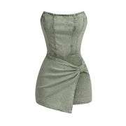 Women’s Y2K Strapless Bodycon Wrap Front Short Denim Romper