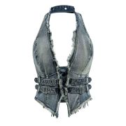 Women’s Y2K Backless Fringe Corset Denim Halter Top