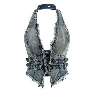 Women's Y2K Backless Fringe Corset Denim Halter Top