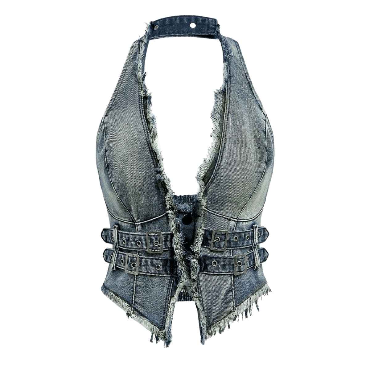 Women’s Y2K Backless Fringe Corset Denim Halter Top