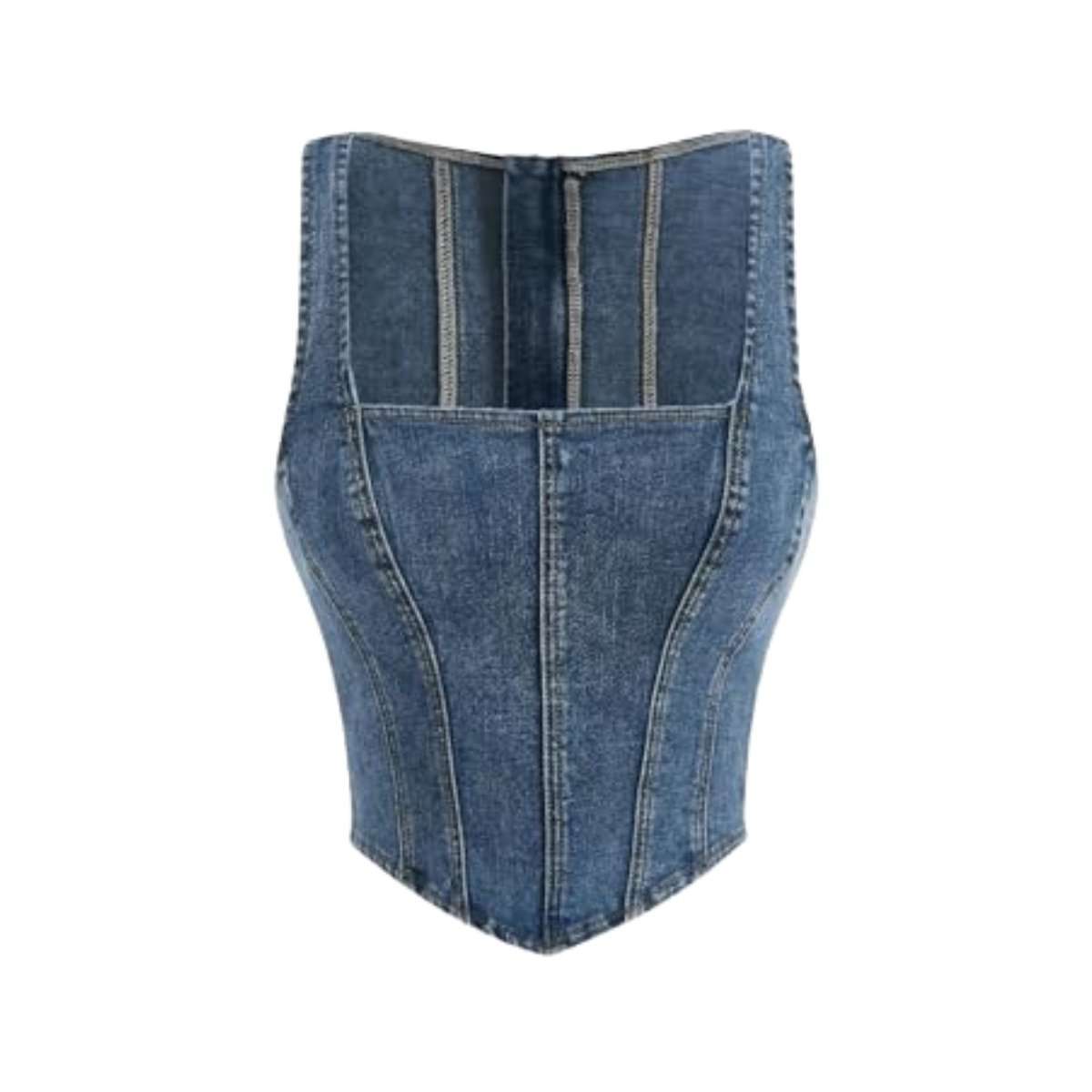 Women’s AsymmetricalSquare Neck Zip Back Denim Corset Crop Top